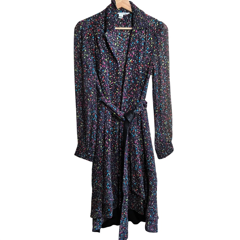 Diane von Furstenberg Silk Paint Splatter Wrap Dress 6 Black Multicolor Womens